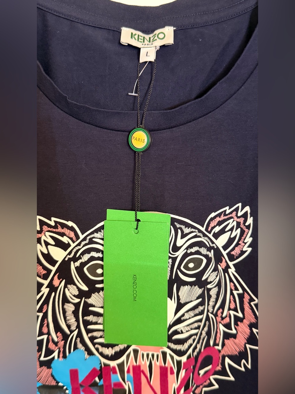 Kenzo Navy Graphic Tiger Tee with Pink Accents